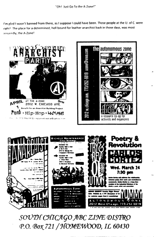 ON! Just Go To the A Zone!™ SOUTH CHICAGO ABC ZINE DISTRO P.0. Box. 721 / HOMEWOOD, IL 60430